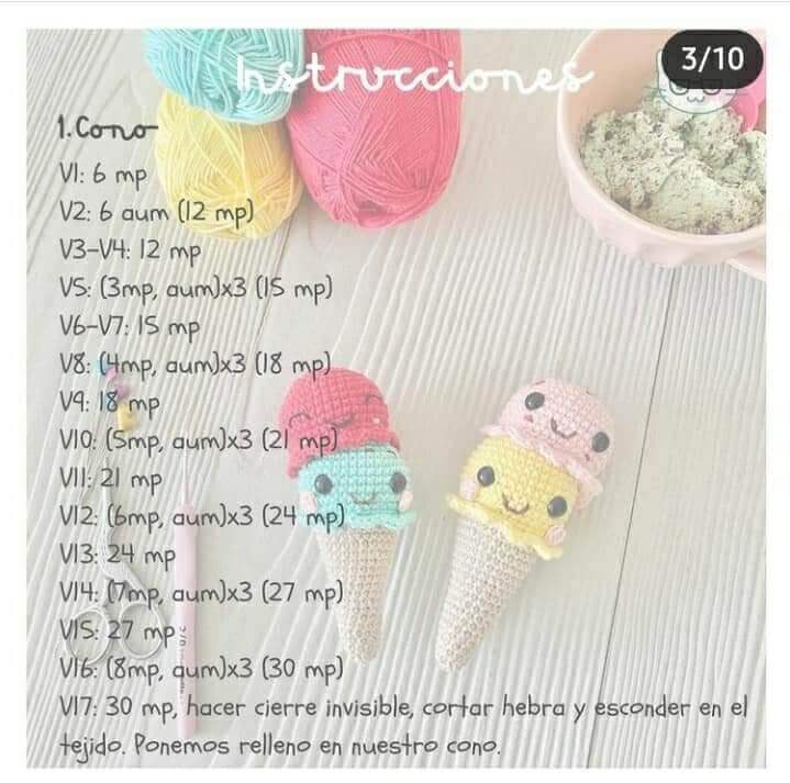 Instrucciones el cono de Helado amigurumi