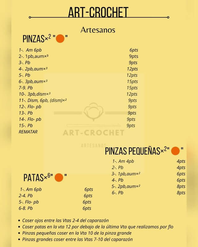 Pinzas y patas para cangrejo a crochet