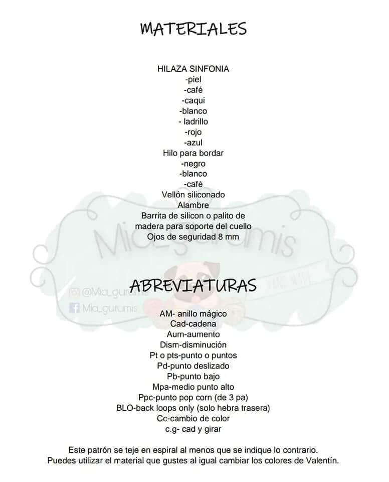 Materiales y abreviaturas de Muñeco amigurumi