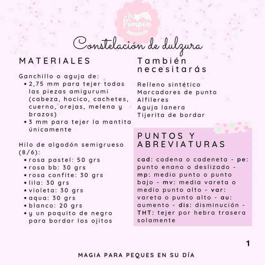 Mantita de apego Unicornio - materiales y abreviaturas